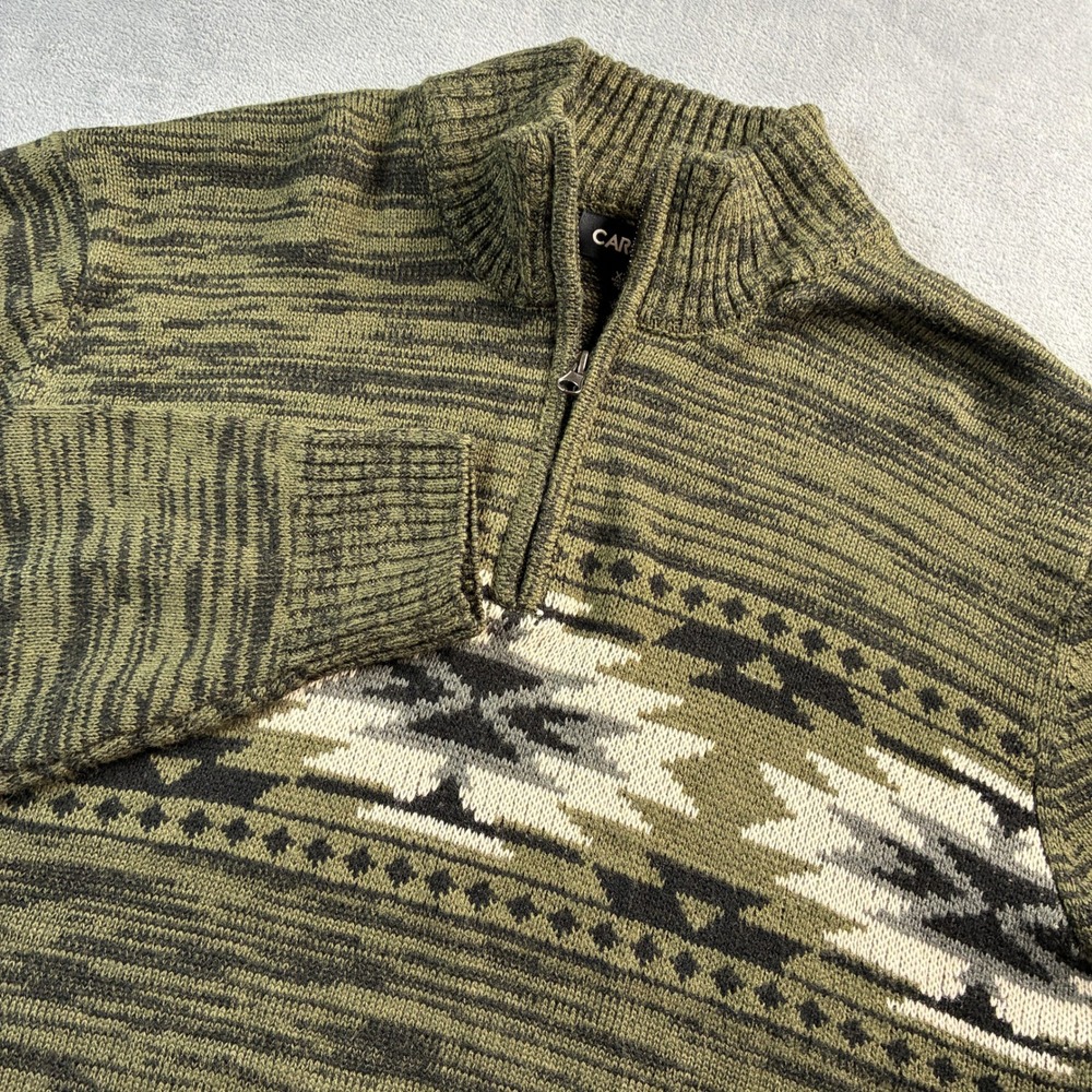 CARBON XL Men's Olive‎ Green Aztec Southwestern Pattern Quarter Zip Sweater